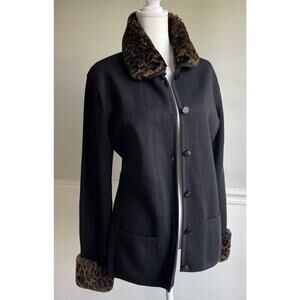 Sutton Studio Large Leopard Tight Knit Jacket Sweater Wool Blend Pockets Buttons